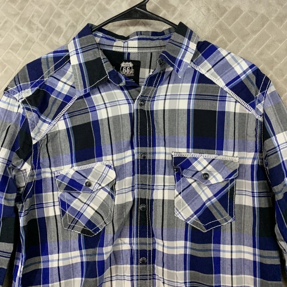 Route 66 Mens Medium Button Up Shirt Blue Plaid Pearl Snap Long Sleeve Western - Picture 2 of 15